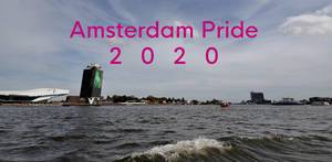 Bay off a coast of Amsterdam with strong waves and the title Amsterdam Pride 2020