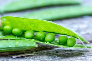 Beautiful close up of green fresh peas and pea pods