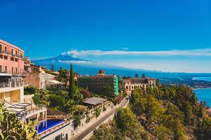 Beautiful nature of Sicily, Mediterranean sea near Taormina and Etna Vulcano, Aerial Panoramic View. Italy. (Flip 2019)