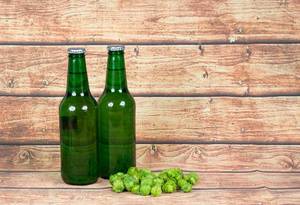 Beer bottles with hops