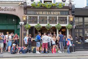 Bier trinken auf der Straße. The Harp Pub in London