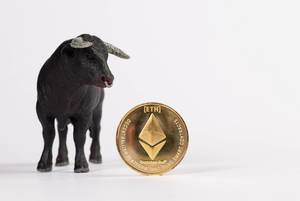 Big black bull with Ethereum coin isolated on white background