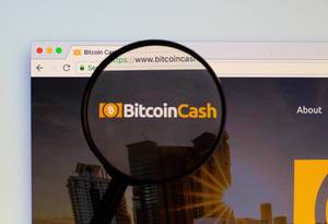 Bitcoin Cash Logo am PC-Monitor, durch eine Lupe fotografiert
