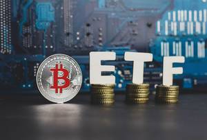 Bitcoin coin with ETF text, concept entering the digital money fund