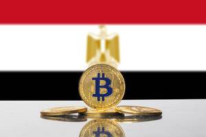 Bitcoin steht unter dem goldenen Adler Saladins der Flagge Ägyptens im Hintergrund