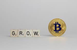 Bitcoin Wachstum - GROW in Würfel-Schrift und eine goldene Bitcoinmünze