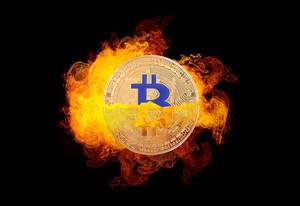 Bitcoin with fire on black background