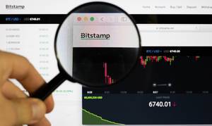 Bitstamp logo on a computer screen with a magnifying glass