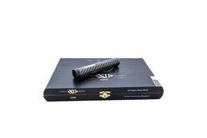 Black wooden box of cigars and cigar tube on white background