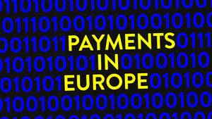 Blauer Binärcode auf Bildschirm mit gelbem, hervorgehobenen Text "Bezahlungen in Europa" - Neue EU-Richtlinie für Onlinezahlungen