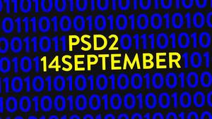 Blauer Binärcode auf Bildschirm mit gelbem Text "PSD2 14. September"