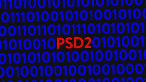 Blauer Binärcode auf Bildschirm mit rotem, hervorgehobenem Begriff PSD2, Online-Zahlungen