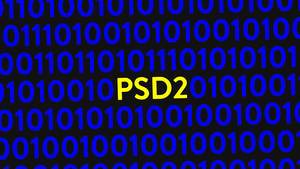 Blauer Binärcode auf einem Bildschirm mit hervorgehobenen Text PSD2 / PSD II