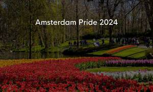 Blooming red and yellow tulips in Keukenhof garden with visitors, next to title  "Amsterdam Pride 2024"