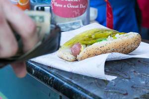 Bokeh Food Photo of All Beef Chicago Style Hot Dog with Gherkin and Green Chili Pepper