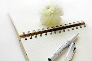 Bokeh Photo of Pen laying on an open Book to write a letter with Flower in the Background