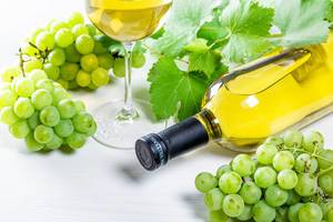 Bottle of white wine, glass, green grapes and leaves on white table
