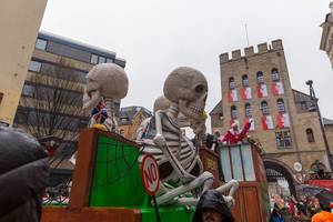 Brexit is the topic of one of the satirical floats at the Cologne Carnival 2020, symbolized by politicians turned into skeletons and surrounded by spiderwebs