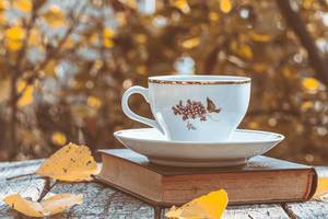 Buch und eine Tasse Tee auf einem Holztisch mit bunten Herbstblättern im Hintergrund