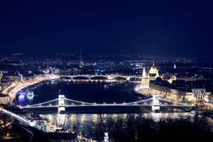 Budapest bridges and Palace of Parliament by night