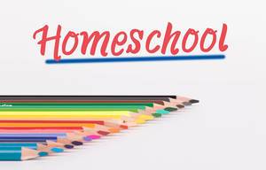 Buntstifte vor weißem Hintergrund mit rotem "Homeschool" Text