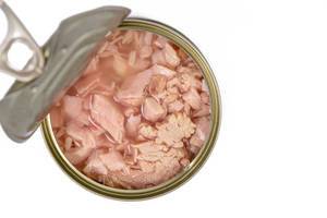 Canned Tuna Fish with copy space above white background (Flip 2019)
