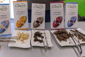 Carpe Bio - vegan organic chocolate with premium cocoa on serving plates for tasting samples