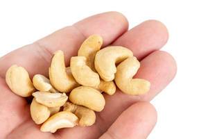 Cashew-Nüsse liegen als gesunder Snack auf einer Hand, vor weißem Hintergrund