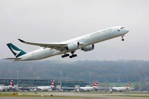 Cathay Pacific Airbus A350 taking off from Zurich Airport