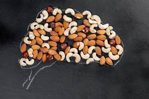 Chalked brain on a blackboard with different nuts. The concept of creativity, nutrition for the brain (Flip 2019)