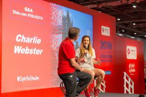 Charlie Webster on stage during London Marathon fair