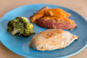 Chicken breast with broccoli and sweet potatoes on a blue plate - close up