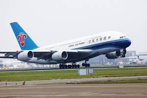 China Southern Airbus A380 taking off from Amsterdam Airport
