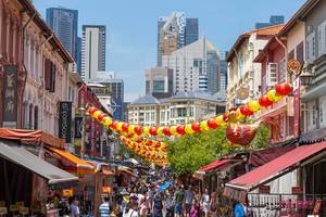 Chinatown in Singapore on a hot Summer Day with hanging Lanterns