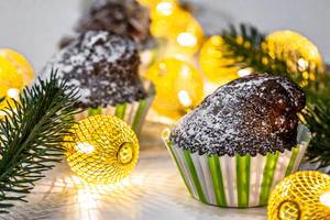 Chocolate cupcake with Christmas tree branches and a luminous garland