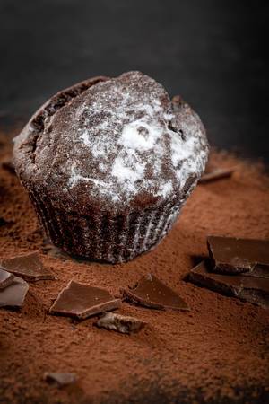 Chocolate muffin with cocoa and powdered sugar