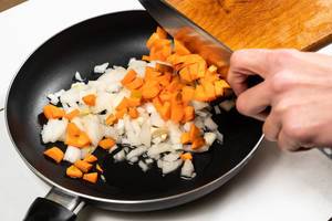 Chopped Carrots and Onions in the frying pan (Flip 2020)