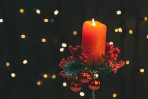 Christmas background with burning red candles and bokeh