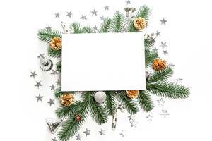 Christmas decor and tree branches background with free space in the middle
