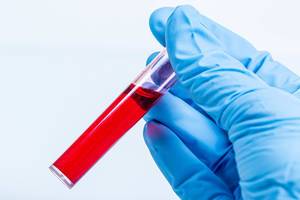 Close-up, blue-gloved hand holding a plastic test tube with blood