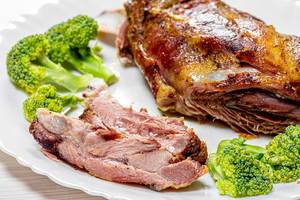 Close-up of baked lamb with broccoli on a plate (Flip 2019)