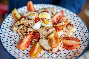 Close Up Of Calamar Tomatoes Seafood Salad (Flip 2019)