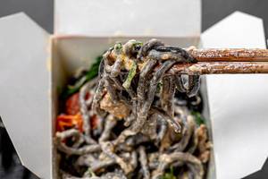 Close up of Chinese noodles with cuttlefish ink (Flip 2019)