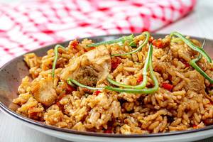 Close up of chinese rice with chicken and vegetables (Flip 2019)