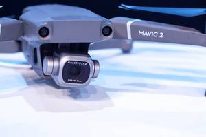 Close-up of DJI Mavic 2 Pro square gimbal with Hasselblad camera