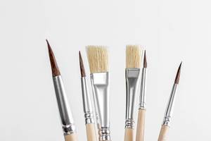 Close up of paint brushes on white background