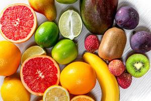 Close - up of ripe fresh fruit background. Top view (Flip 2019)
