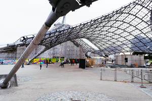 Close up of supporting structure of glass and steel Coppola of Munich Olympiastadion