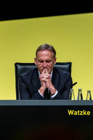 Close-up of the executive Director of German football club BVB, Hans-Joachim Watzke, with thoughtful facial expressions in front of a yellow wall
