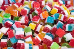 Close Up on the Bulk of Colorful Gummy Jelly Candy Cubes
